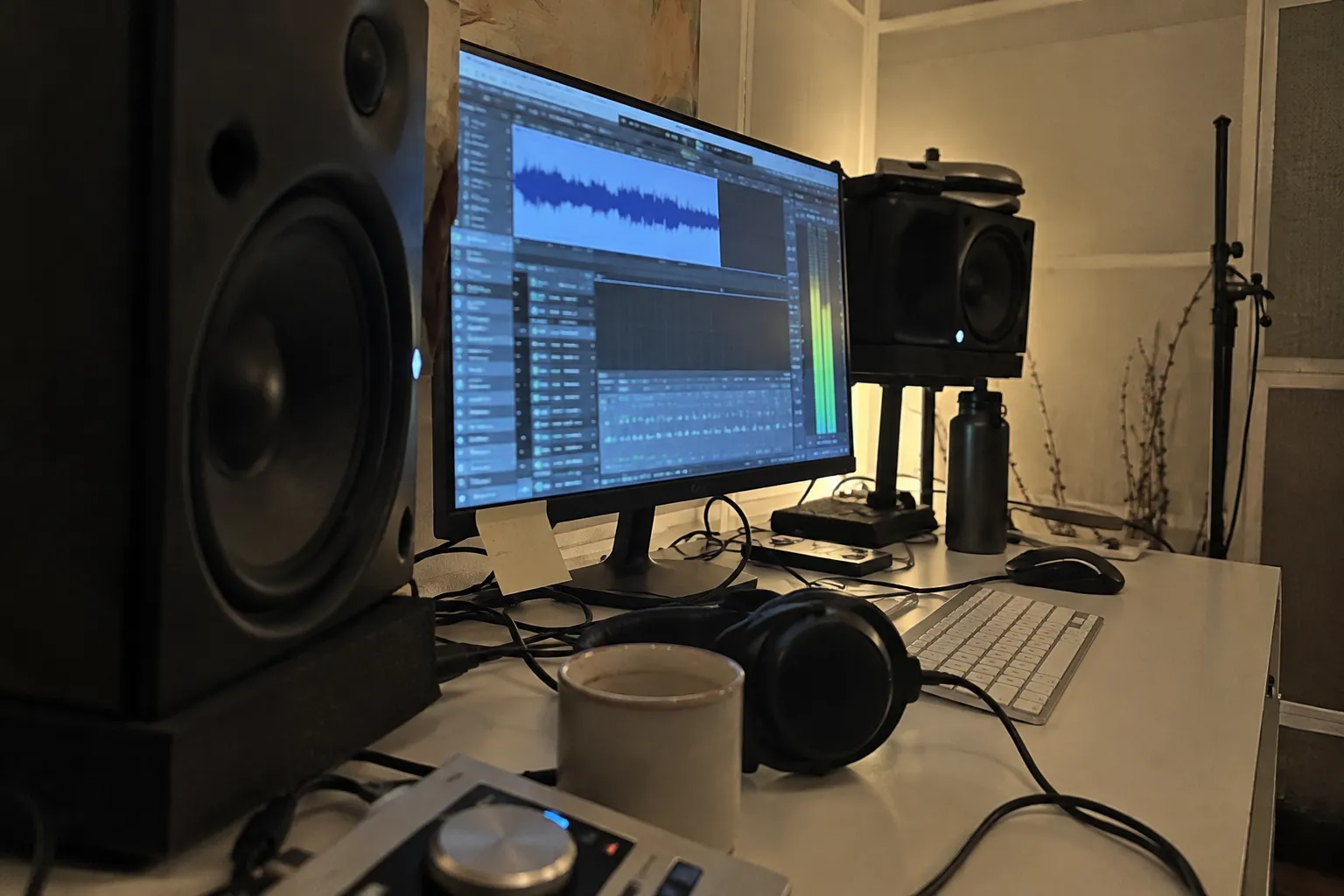 Studiomonitor und Bildschirm mit Audio-Session beim Mixing und Mastering