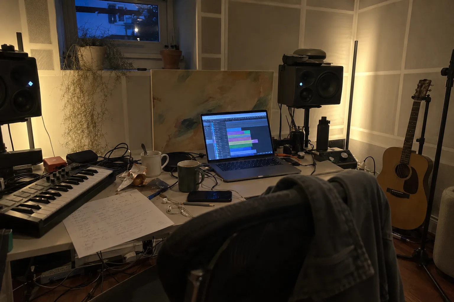 Studio-Arbeitsplatz mit Keyboard, Laptop und Gitarren am Abend